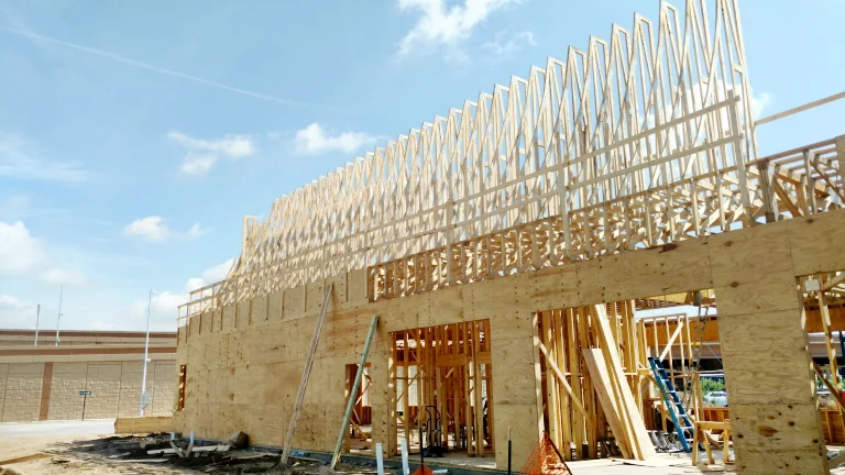 Wood stud walls framed inside a commercial interior, with a window opening and exposed ceiling framing.